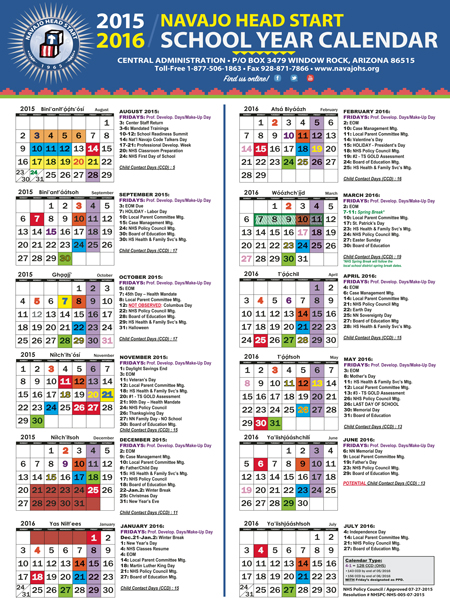 2016 Navajo Head Start School Year Calendar
