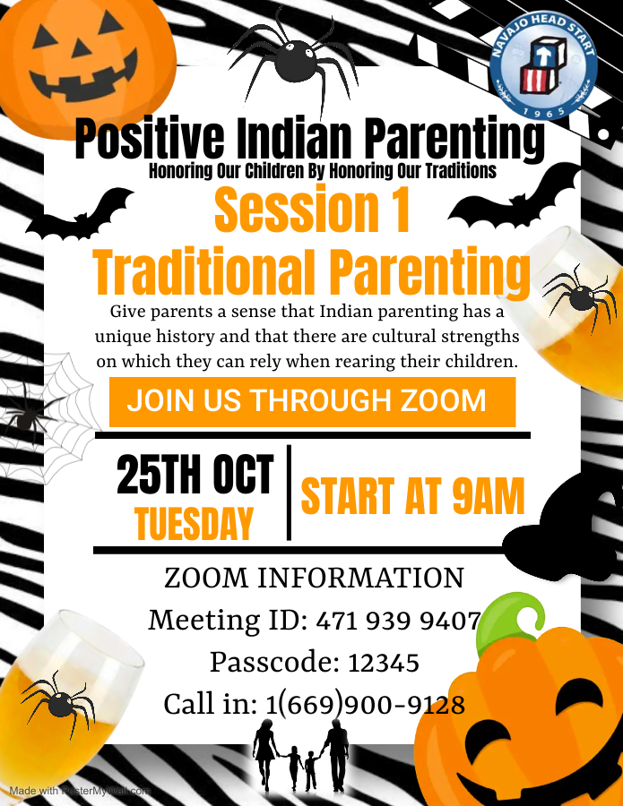 Flyer for positive indian Parenting event with Halloween imagery around it