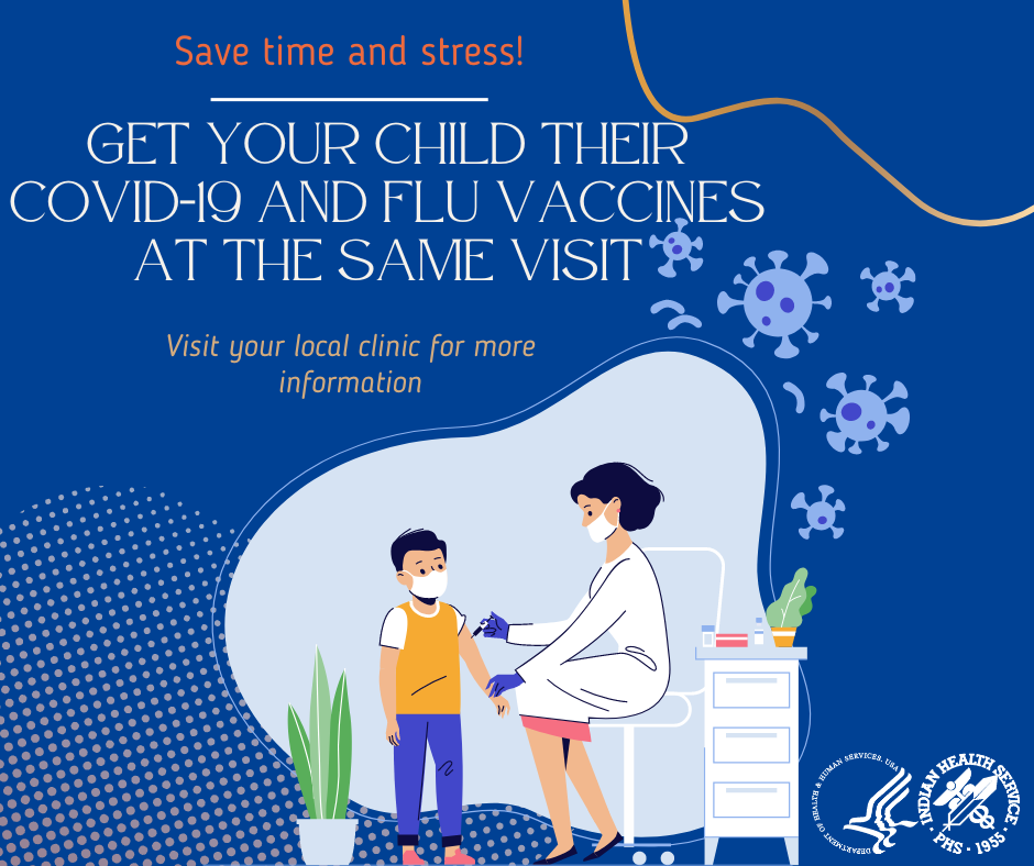 Flyer for covid19 and flu vaccines image of nurse giving child a vaccine