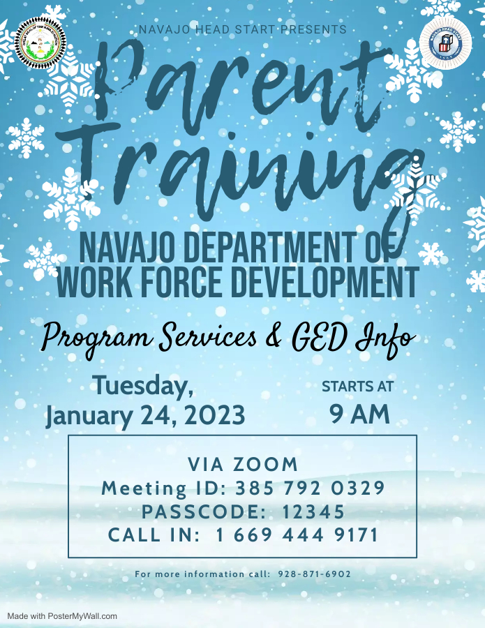 Parent Training on Program Services and GED info flyer with snowflakes falling in the background