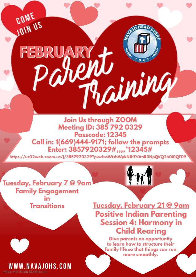 February Parent Training flyer with Valentines day imagery
