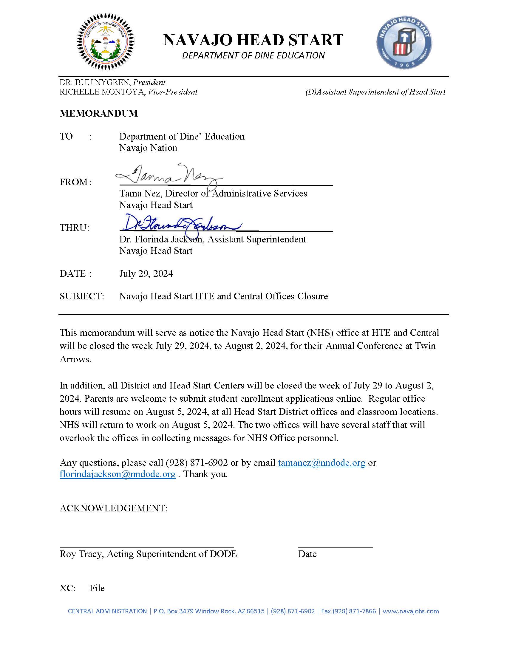 Memo telling of NHS offices close from July 29 2024 to August 2024 for annual conference